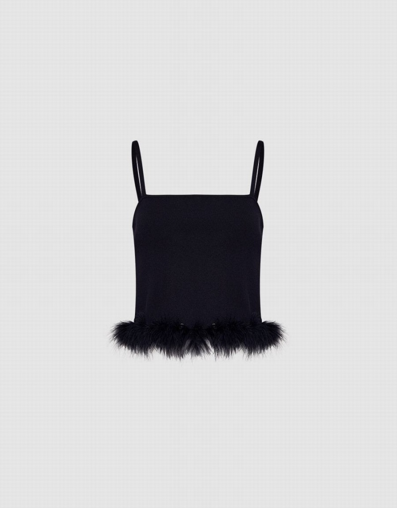 Camiseta sin Manga Urban Revivo Fluffy Trim De Punto Cami Mujer Negros | DXE8428RW