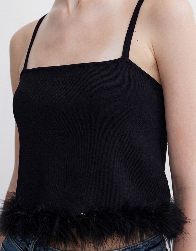 Camiseta sin Manga Urban Revivo Fluffy Trim De Punto Cami Mujer Negros | DXE8428RW