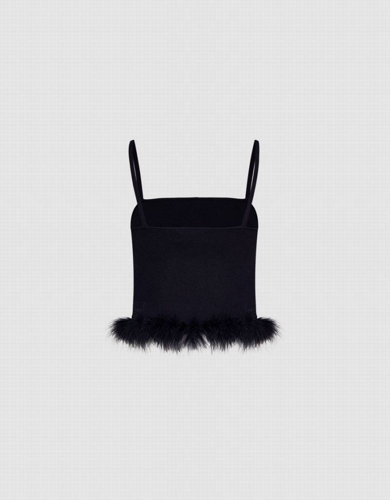 Camiseta sin Manga Urban Revivo Fluffy Trim De Punto Cami Mujer Negros | DXE8428RW