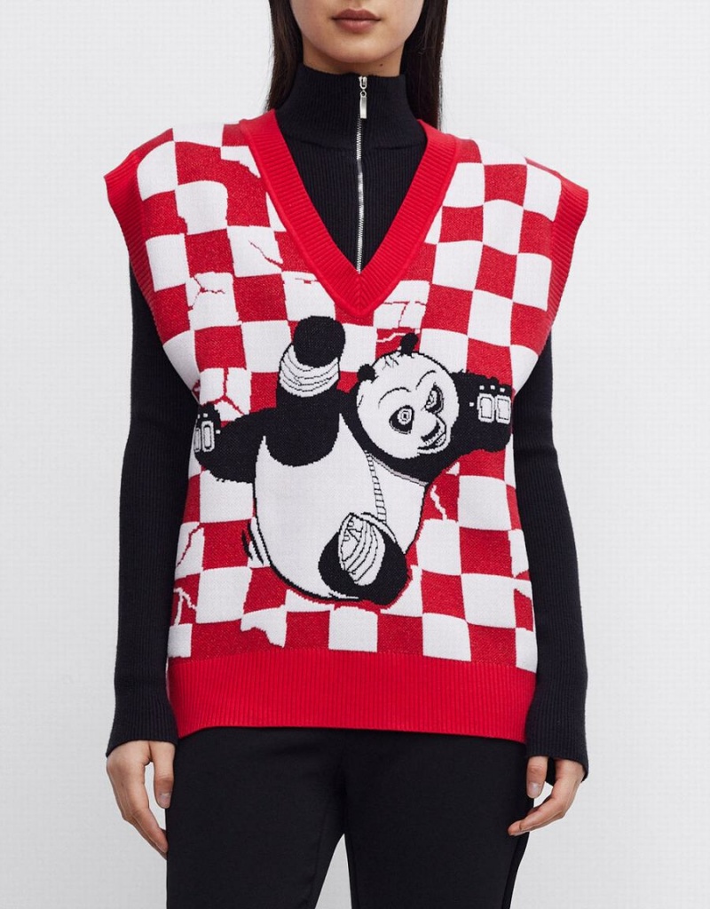 Camiseta sin Manga Urban Revivo Kung Fu Panda Checkered Mujer Rojos | IAD9166HW