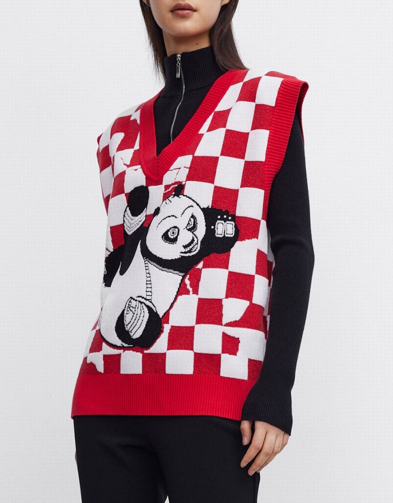 Camiseta sin Manga Urban Revivo Kung Fu Panda Checkered Mujer Rojos | IAD9166HW