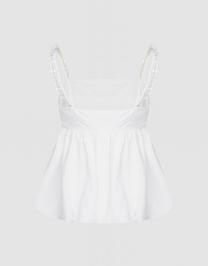 Camiseta sin Manga Urban Revivo Ruffle Hem Cami Top With Beaded Correa Mujer Blancos | GVT3277PW
