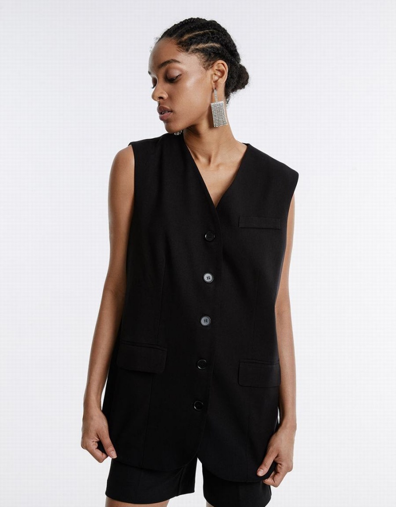 Chaleco Urban Revivo Plain Button Up Mujer Negros | COG9550YU