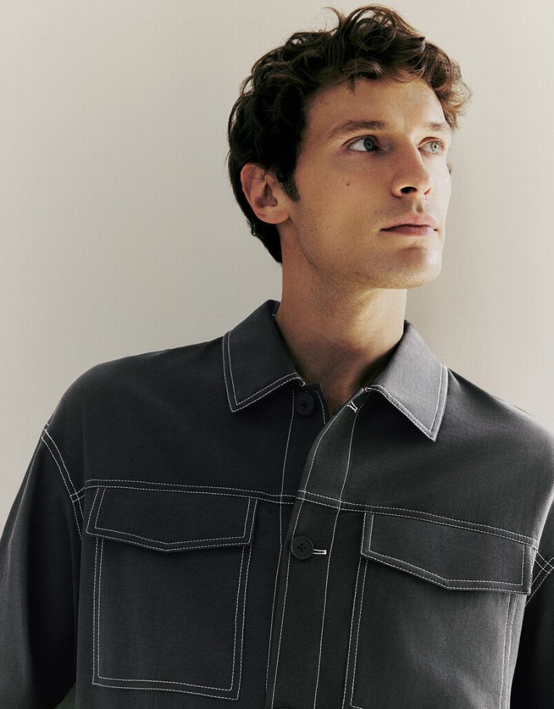 Chamarras Urban Revivo Button Up Straigt Hombre Grises Oscuro | BKF4317SO