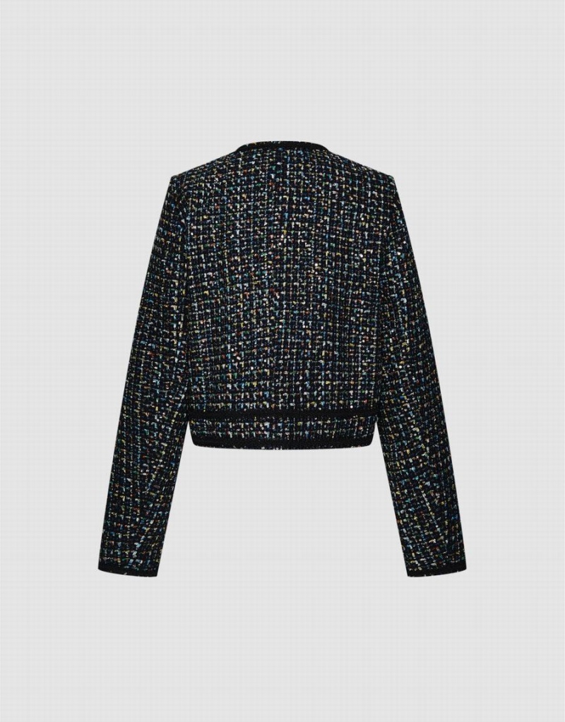 Chamarras Urban Revivo Contrast Trim Tweed Mujer Negros | OHX6240EB