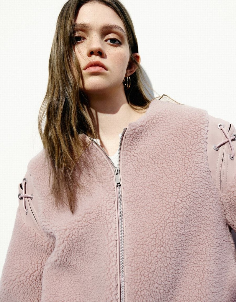 Chamarras Urban Revivo Cremallera Front Furry A-Line Mujer Rosas | MHL8518VL