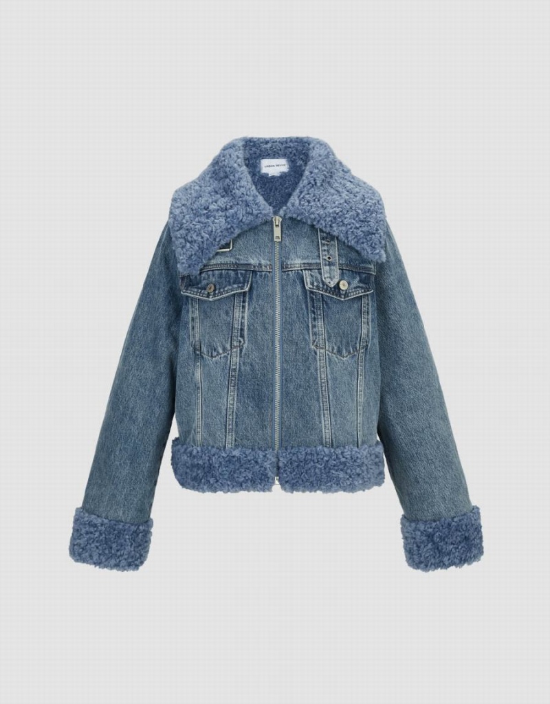 Chamarras Urban Revivo Cremallera Front Furry Denim Mujer Azules | VSC47WT