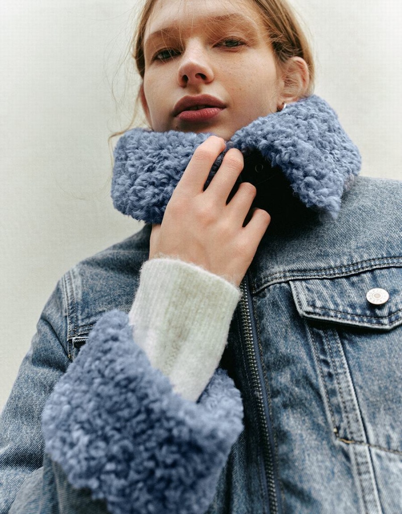 Chamarras Urban Revivo Cremallera Front Furry Denim Mujer Azules | VSC47WT