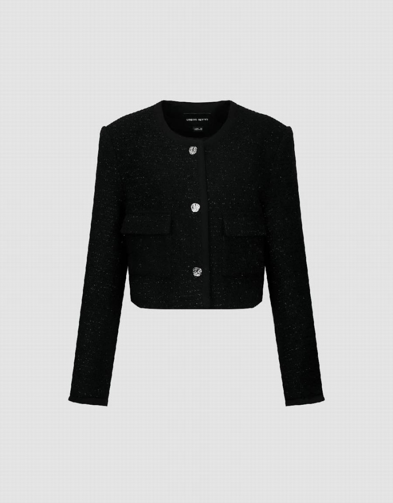 Chamarras Urban Revivo Crew Neck Tweed Mujer Negros | IIV7148UM