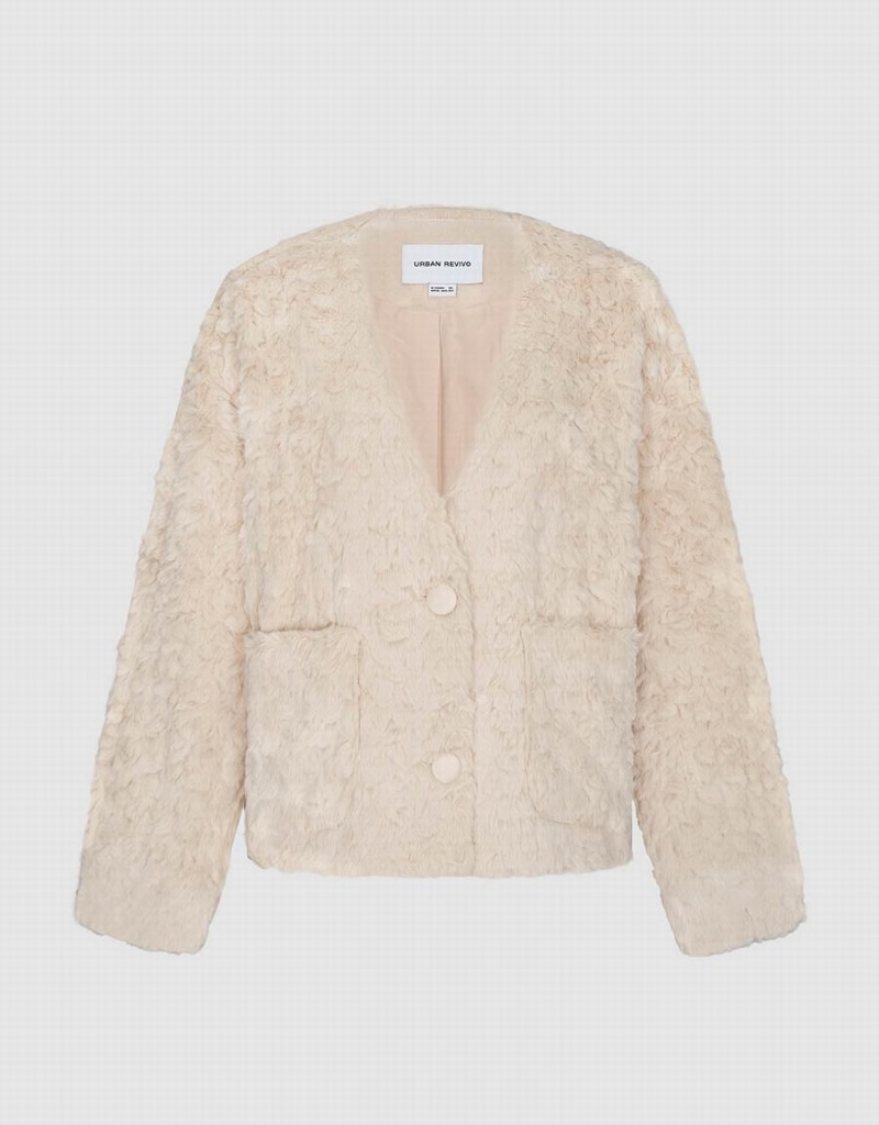 Chamarras Urban Revivo Furry V-Neck Loose Mujer Kaki | WLP9359NT