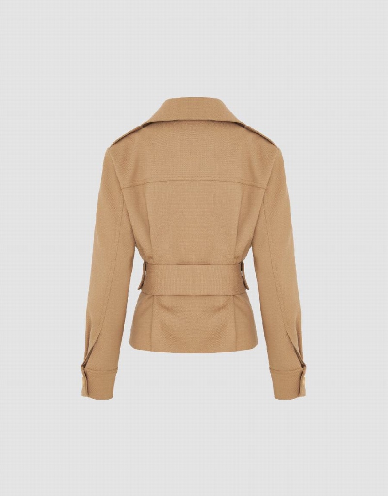 Chamarras Urban Revivo Notch Lapel Skater With Belt Mujer Kaki Claro | MSQ5822HU