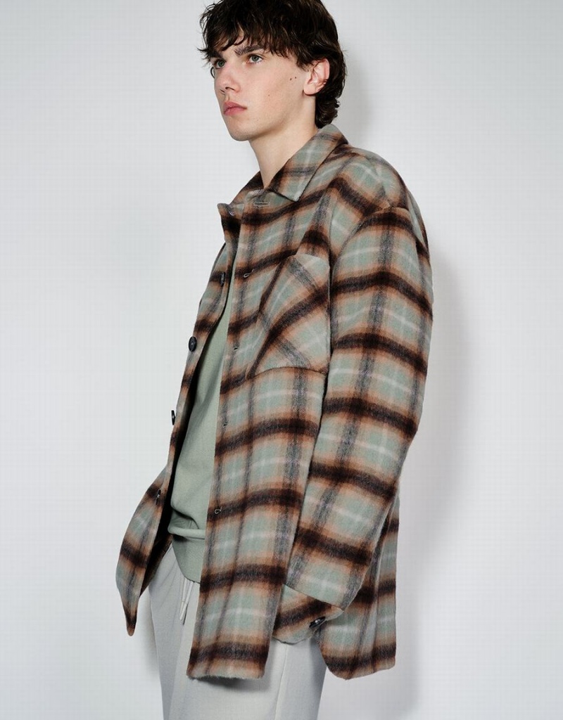 Chamarras Urban Revivo Plaid Directo Woolen Hombre Verdes | NOT8013VI