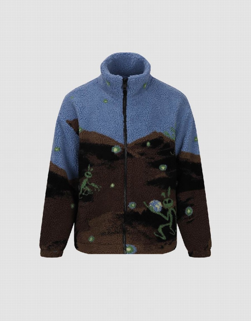 Chamarras Urban Revivo Printed Stand Collar Furry Hombre Azules Marrom | LWS7353FY