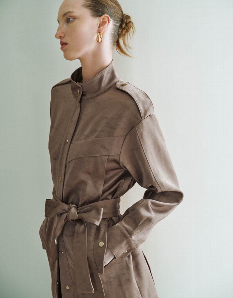 Chamarras Urban Revivo Stand Collar Directo With Belt Mujer Marrom | DGE5846FU