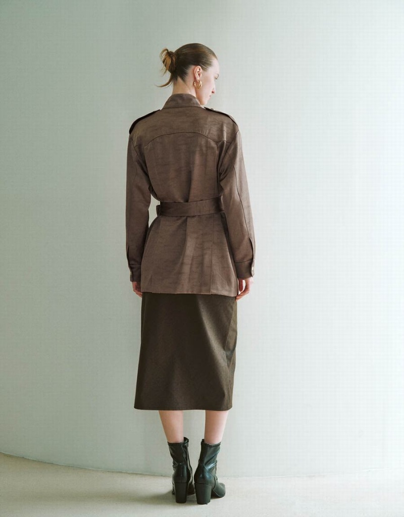 Chamarras Urban Revivo Stand Collar Directo With Belt Mujer Marrom | DGE5846FU