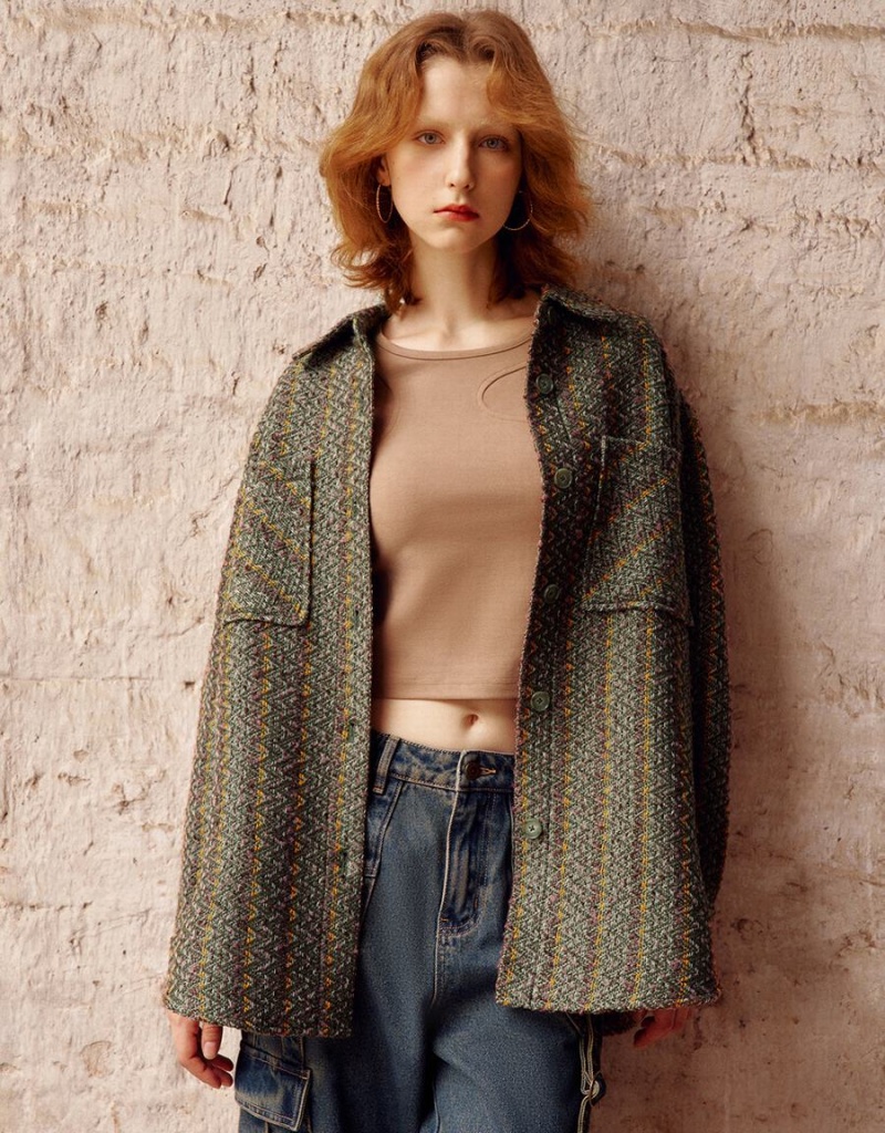 Chamarras Urban Revivo Textured Long Woolen Mujer Verdes | HAM4899UB