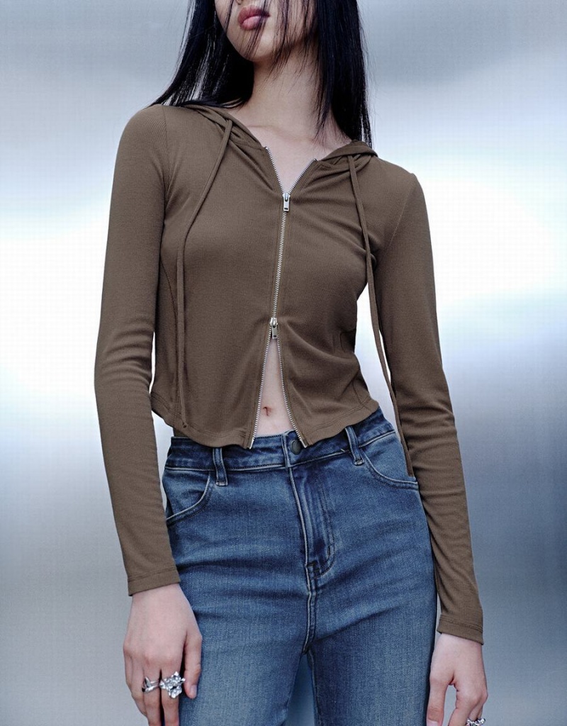 Chaqueta Con Capucha Urban Revivo Cremallera Front Flaco Mujer Marrom Oscuro | RCZ3919GU