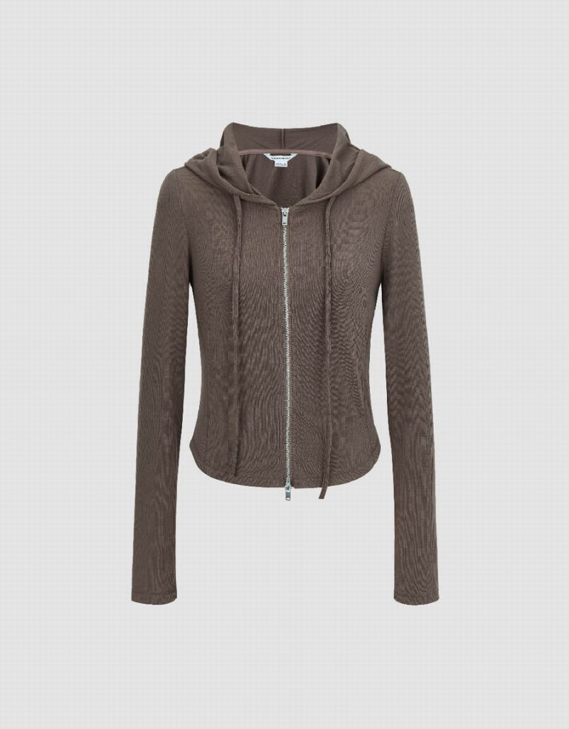 Chaqueta Con Capucha Urban Revivo Cremallera Front Flaco Mujer Marrom Oscuro | RCZ3919GU