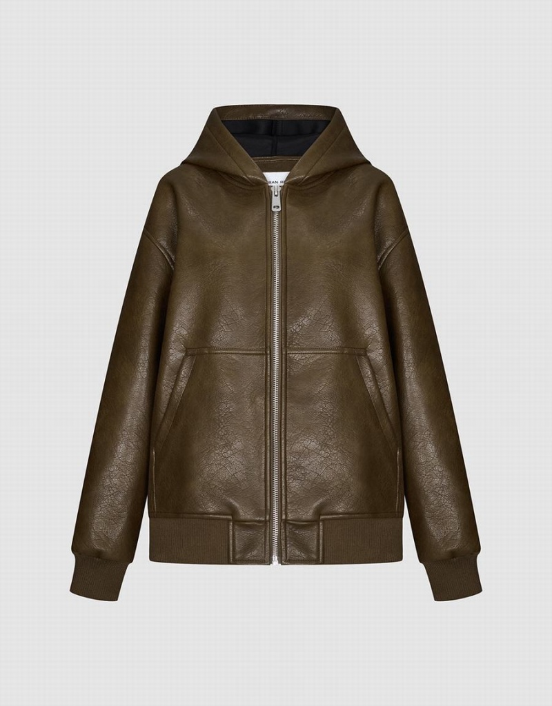 Chaqueta Con Capucha Urban Revivo Cremallera Front Vegan Cuero Mujer Verdes | LAU459TT