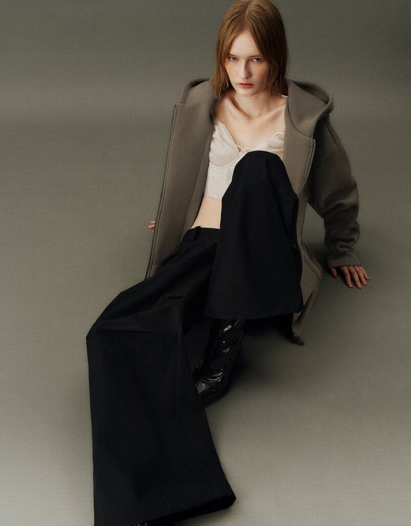 Chaqueta Con Capucha Urban Revivo Cremallera Front Oversized Mujer Kaki Oscuro | HOT5090LU