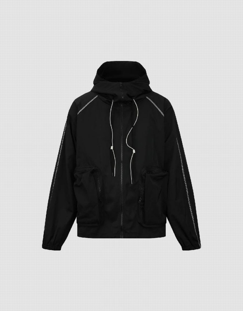 Chaqueta Con Capucha Urban Revivo Cremallera Front Oversized Hombre Negros | JPW4380PO