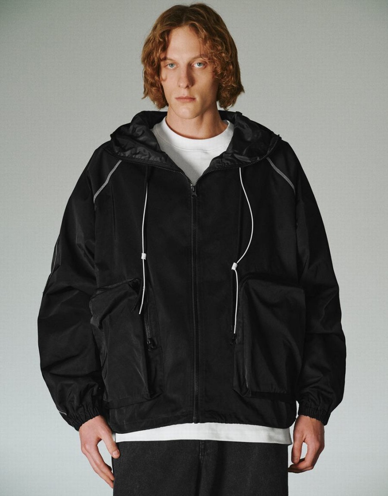 Chaqueta Con Capucha Urban Revivo Cremallera Front Oversized Hombre Negros | JPW4380PO
