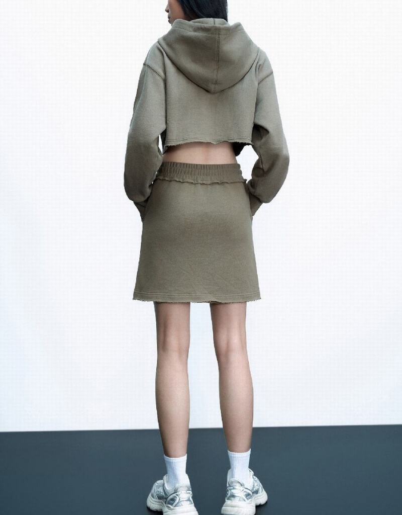 Chaqueta Con Capucha Urban Revivo Cropped Cremallera Front Mujer Kaki | RXS7416HE