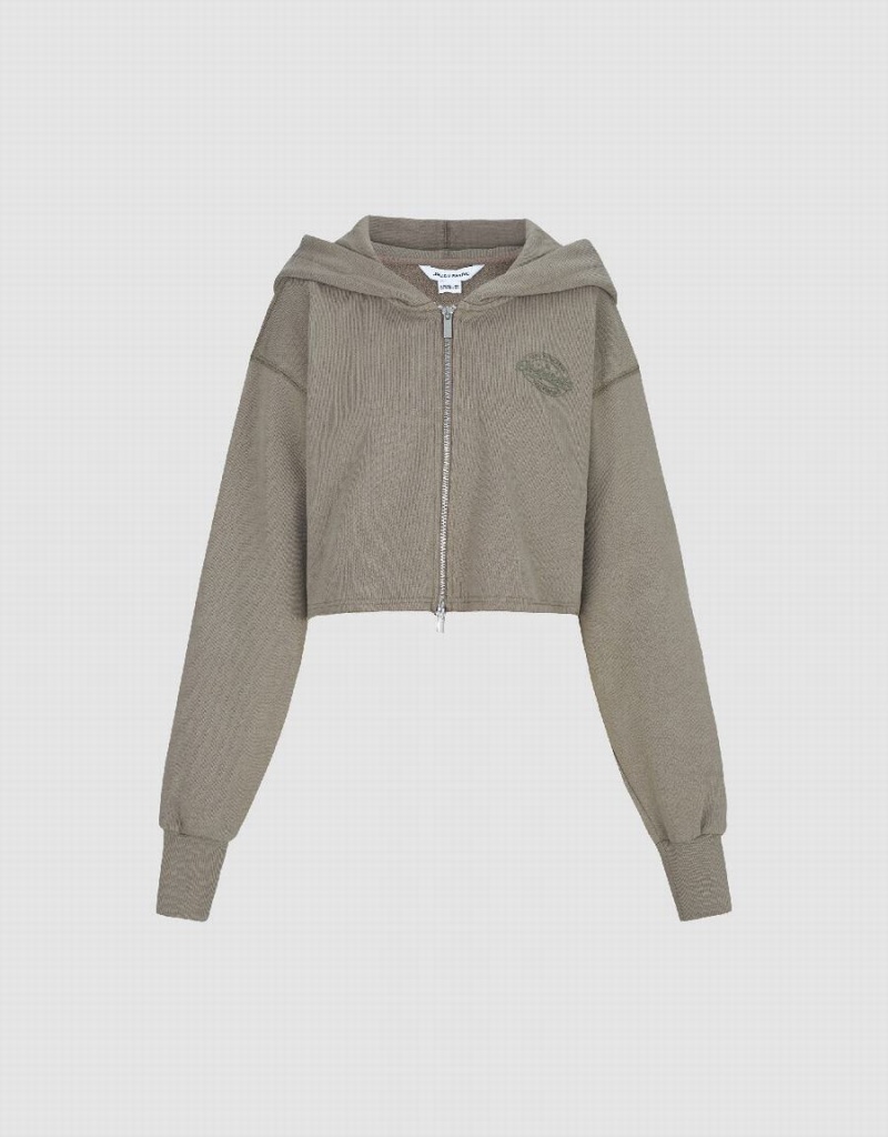 Chaqueta Con Capucha Urban Revivo Cropped Cremallera Front Mujer Kaki | RXS7416HE
