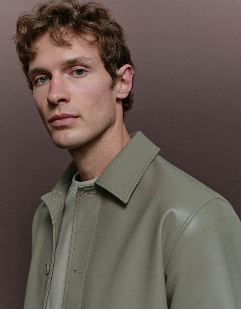 Chaquetas De Cuero Urban Revivo Button Up Vegan Hombre Verdes | VVB868KE