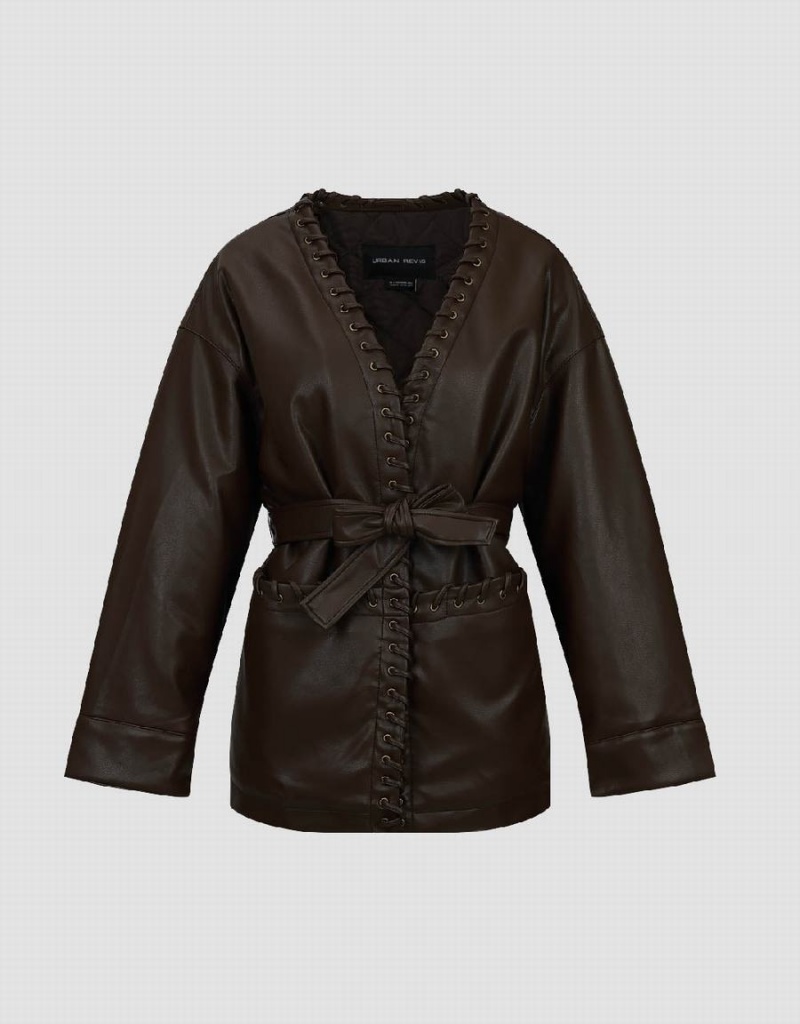 Chaquetas De Cuero Urban Revivo Drop Shoulder Sleeve Vegan Mujer Marrom | MJK1562BS