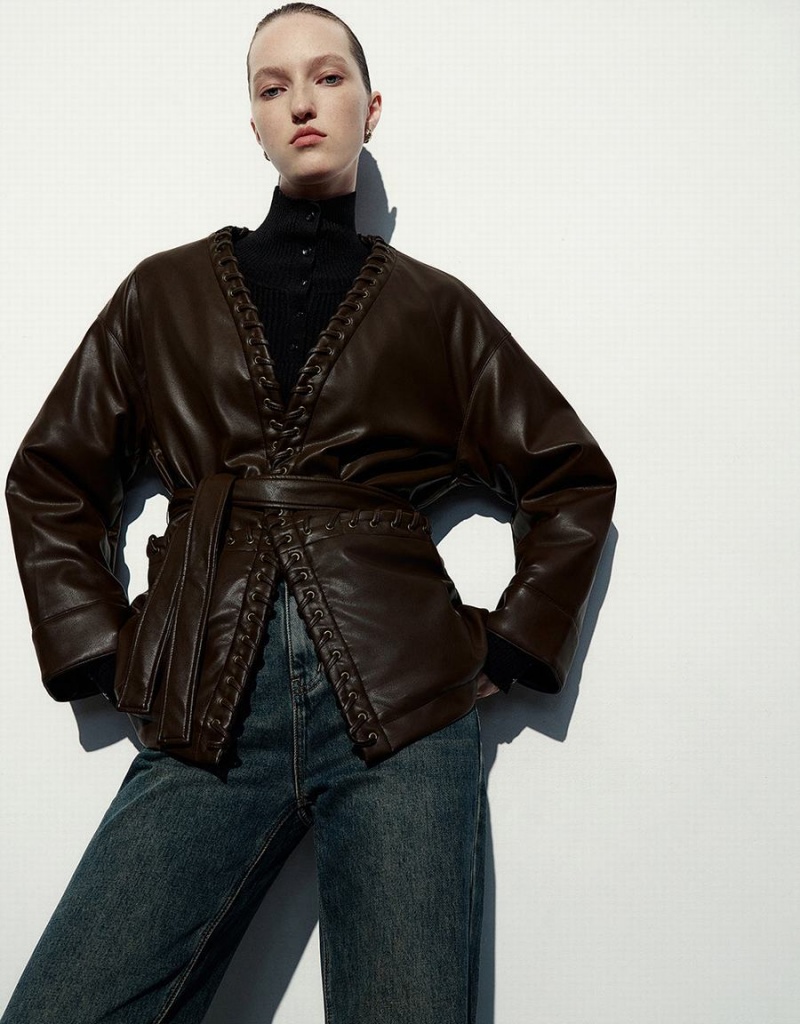 Chaquetas De Cuero Urban Revivo Drop Shoulder Sleeve Vegan Mujer Marrom | MJK1562BS