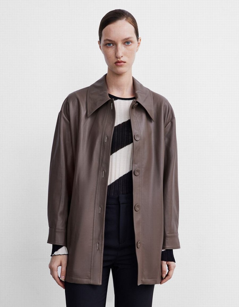 Chaquetas De Cuero Urban Revivo Faux Cuero Belted Mujer Kaki Marrom | EWJ1894QD