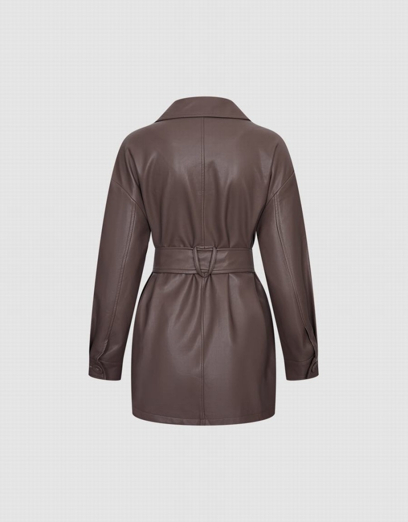 Chaquetas De Cuero Urban Revivo Faux Cuero Belted Mujer Kaki Marrom | EWJ1894QD