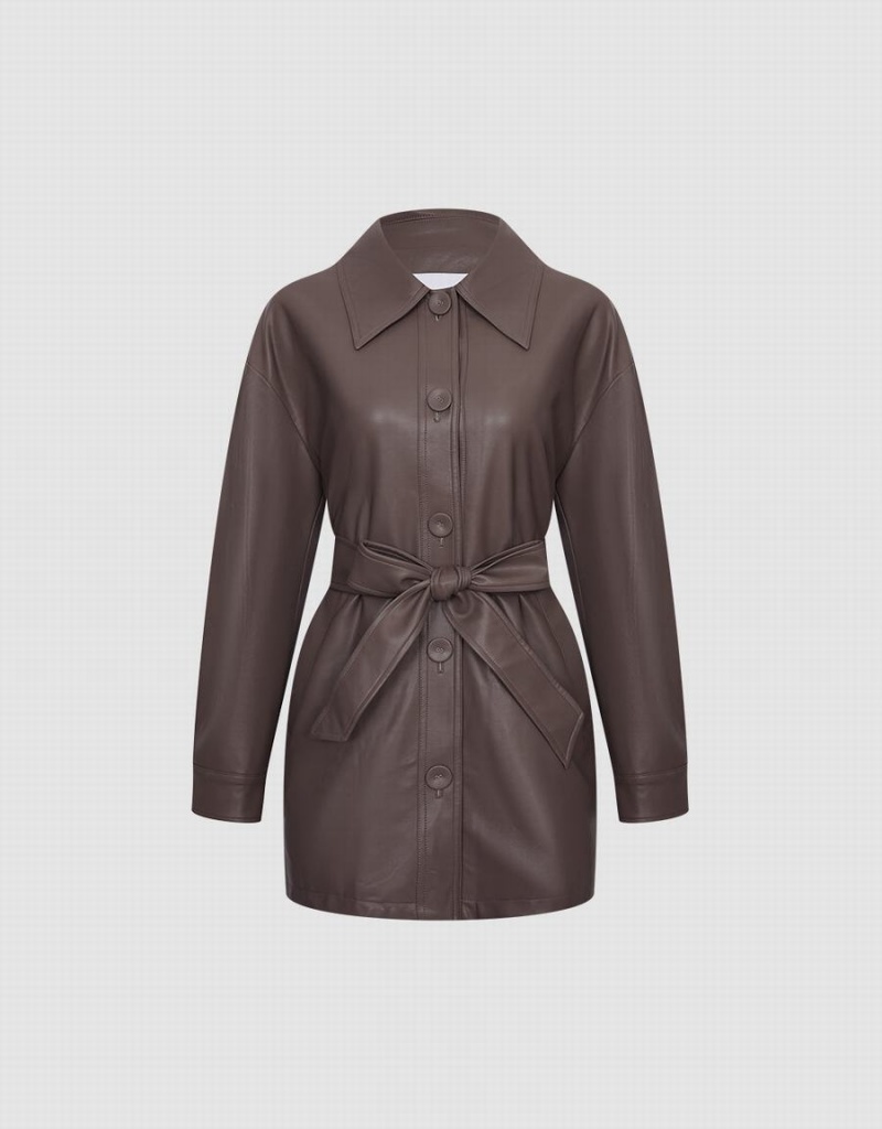 Chaquetas De Cuero Urban Revivo Faux Cuero Belted Mujer Kaki Marrom | EWJ1894QD