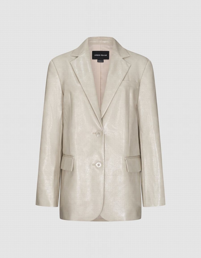 Chaquetas De Cuero Urban Revivo Notch Lapel Vegan Cuero Directo Mujer Kaki Grises | CKH464KC