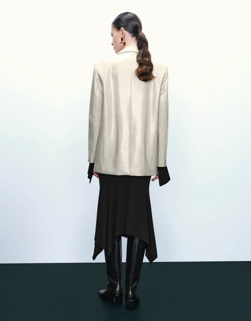 Chaquetas De Cuero Urban Revivo Notch Lapel Vegan Cuero Directo Mujer Kaki Grises | CKH464KC