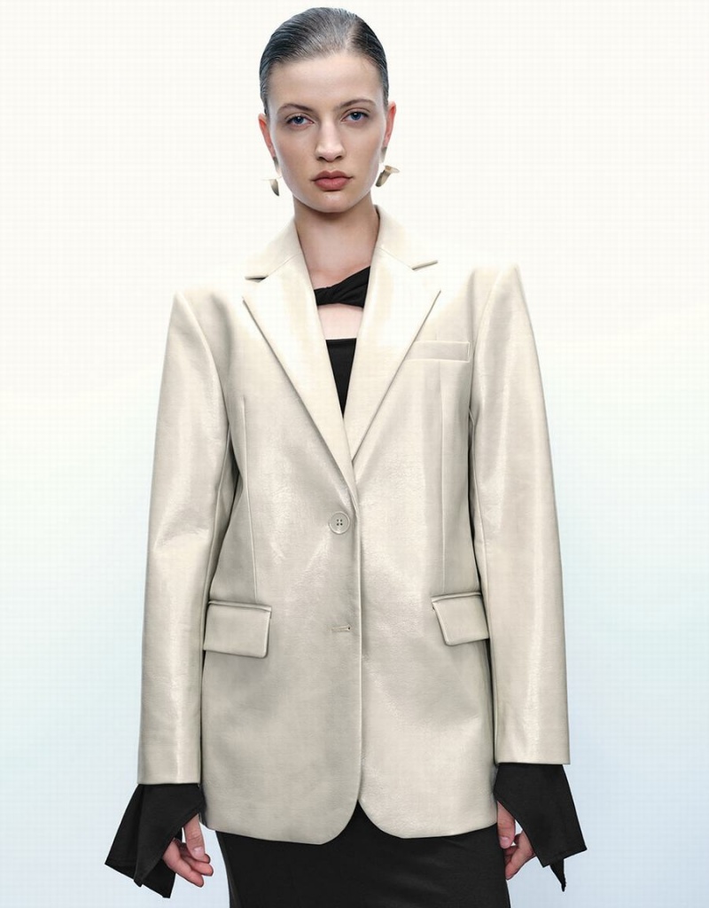 Chaquetas De Cuero Urban Revivo Notch Lapel Vegan Cuero Directo Mujer Kaki Grises | CKH464KC