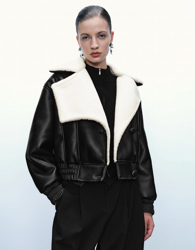 Chaquetas De Cuero Urban Revivo V-Neck Vegan Mujer Negros | XCB5835WJ