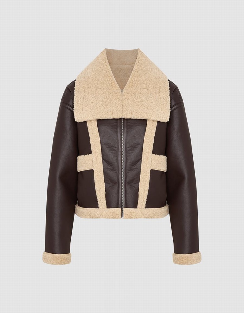 Chaquetas De Cuero Urban Revivo Vegan With Furry Collar Mujer Marrom | ZRX5068VM
