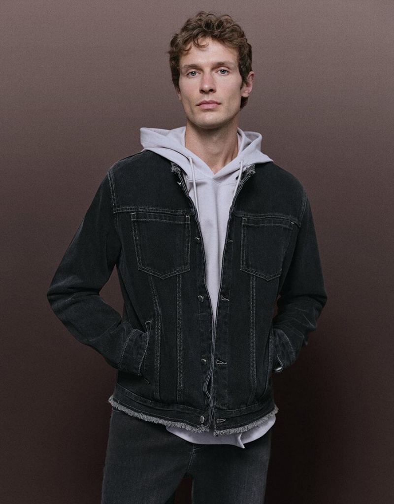 Chaquetas De Mezclilla Urban Revivo Standard Sleeve Hombre Negros | CSN5087DY
