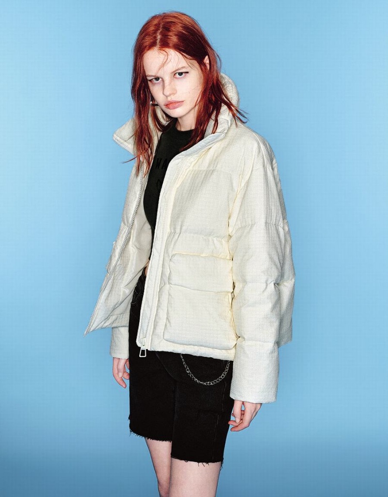 Chaquetas De Plumas Urban Revivo Cremallera Front Stand Collar Mujer Blancos | TSL5117DE