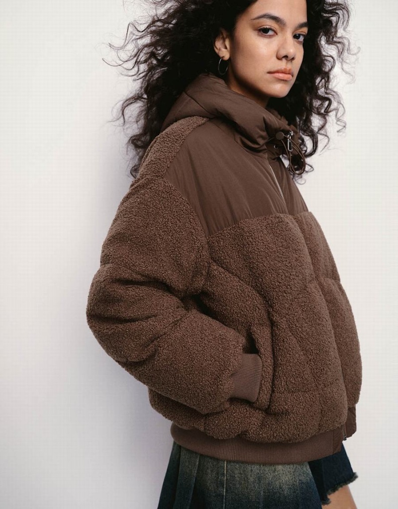 Chaquetas De Plumas Urban Revivo Cremallera Front Encapuchado Mujer Marrom | PVO8863GO
