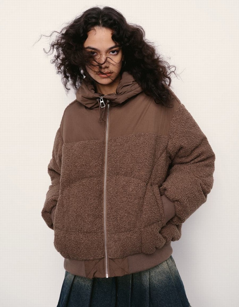 Chaquetas De Plumas Urban Revivo Cremallera Front Encapuchado Mujer Marrom | PVO8863GO