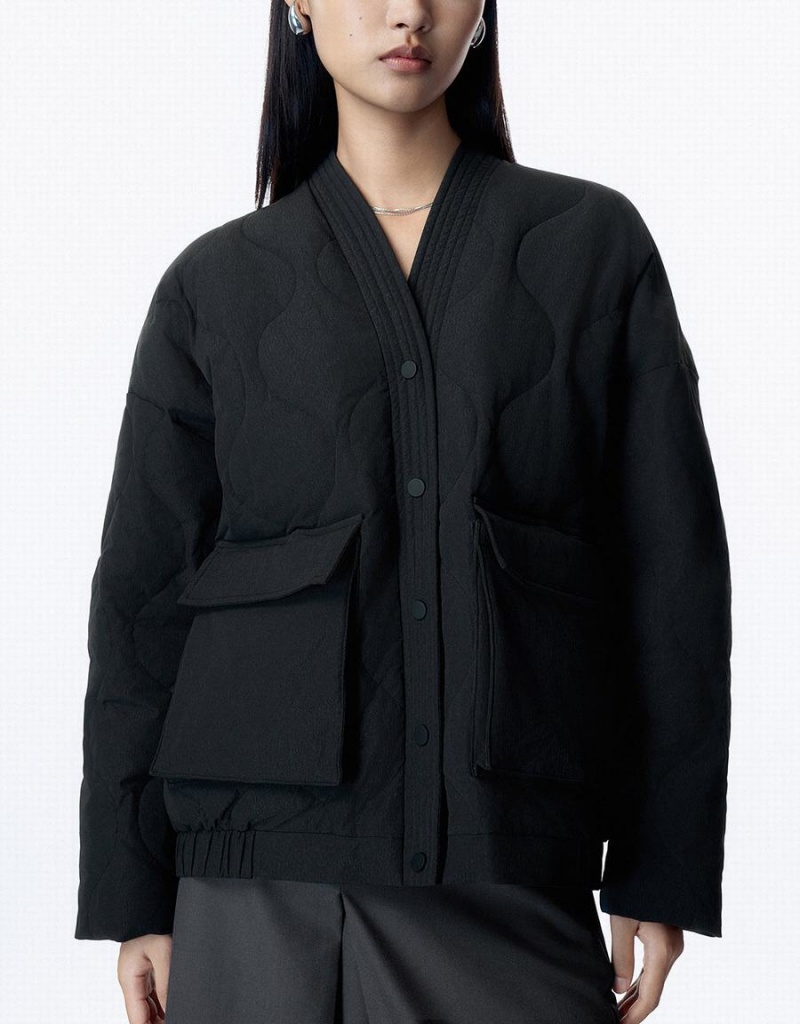 Chaquetas De Plumas Urban Revivo Drop Shoulder Sleeve V-Neck Mujer Negros | CVQ738TV