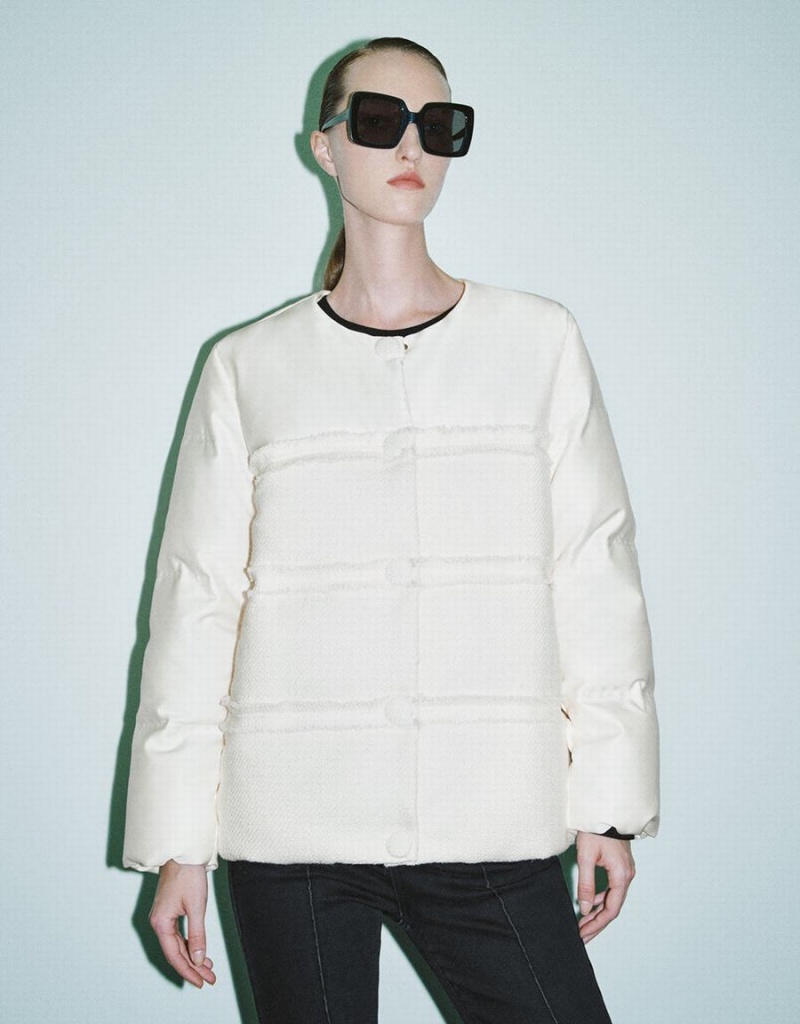 Chaquetas De Plumas Urban Revivo Raw Trim Crew Neck Mujer Blancos | CXD533DB