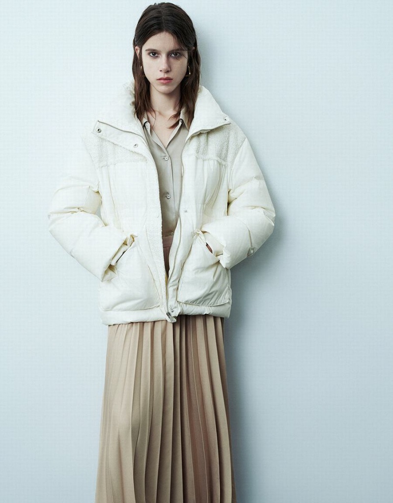 Chaquetas De Plumas Urban Revivo Stand Collar Directo Mujer Blancos | FXK3754YN