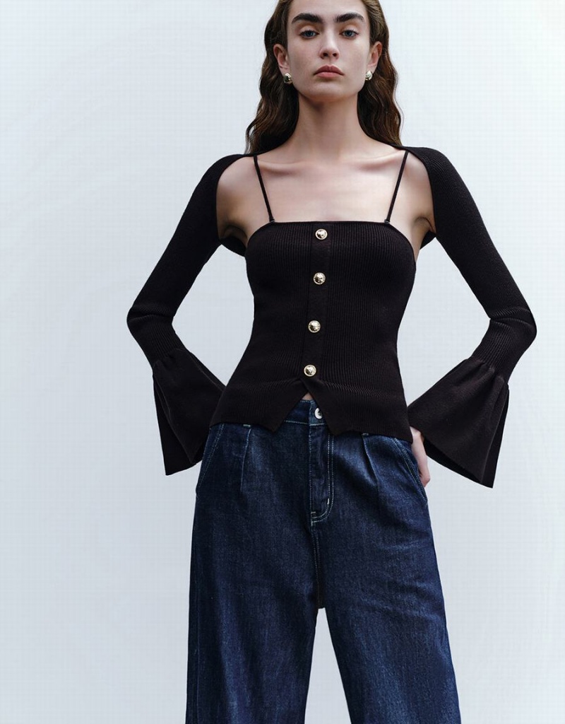 Cárdigan Urban Revivo 2 In 1 Square-cut Collar De Punto Mujer Negros | KZH3012QH