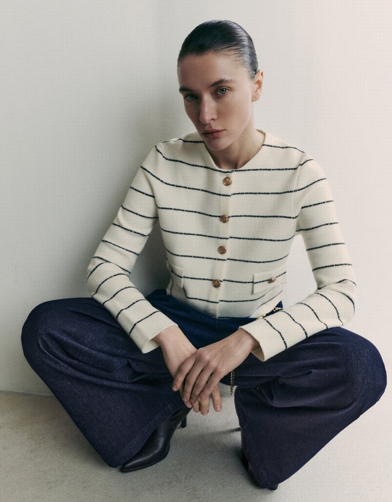 Cárdigan Urban Revivo A Rayas Crew Neck De Punto Mujer Negros | FZI854GR