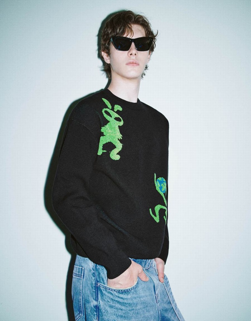 Cárdigan Urban Revivo Alien Embroidered De Punto Hombre Negros | IWF5833CK