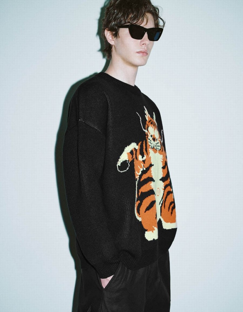 Cárdigan Urban Revivo Animal Embroidered De Punto Hombre Negros | GRZ8272JB